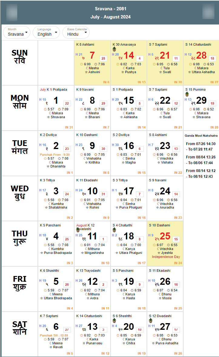Shravan Month 2024 Calendar