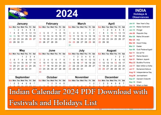 Indian Calendar 2024 PDF Download with Festivals and Holidays List